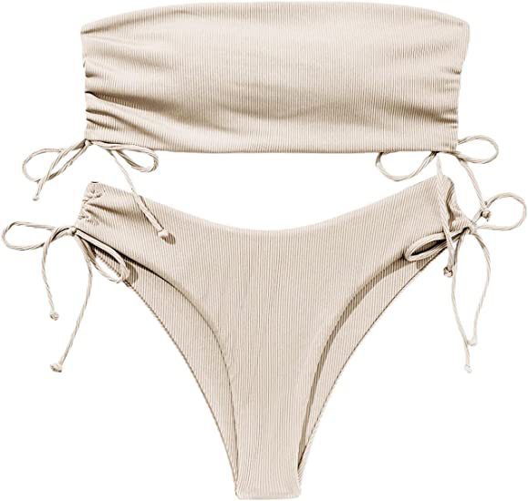 Summer Tube Bikini With Drawstring Design Solid Color Swimsuit