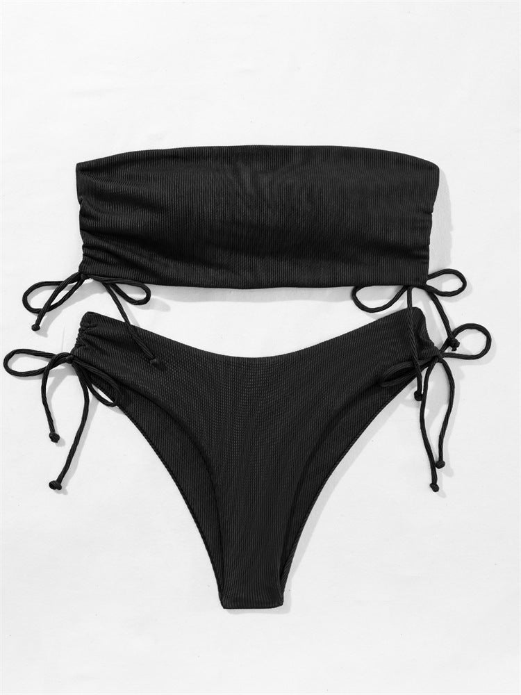 Summer Tube Bikini With Drawstring Design Solid Color Swimsuit