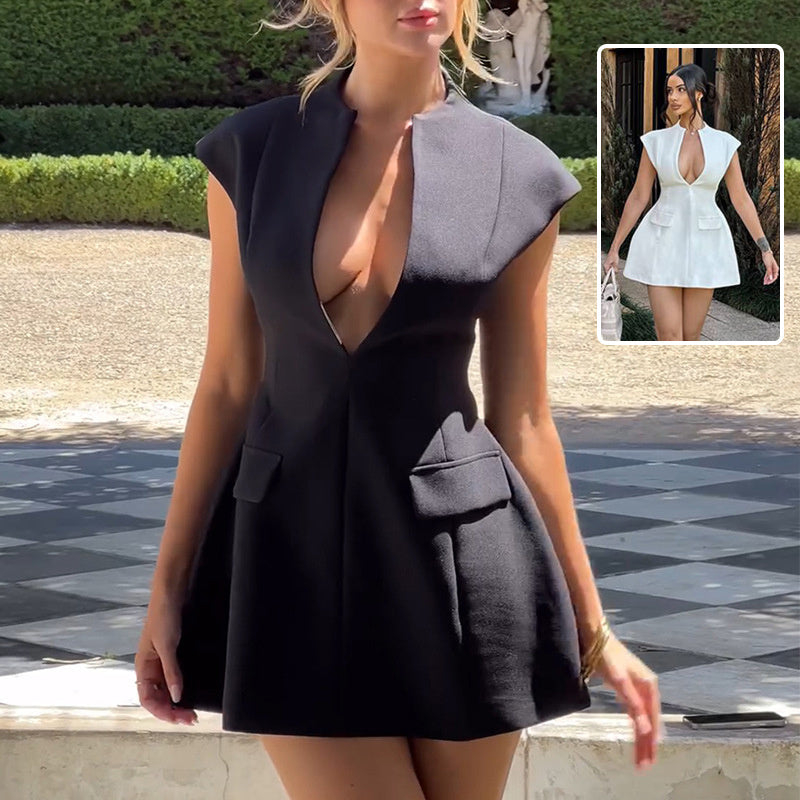 Sexy Deep V-neck A-line Dress Summer Fashion French Style Slimming Short Dresses Cardigan Temperament Dress