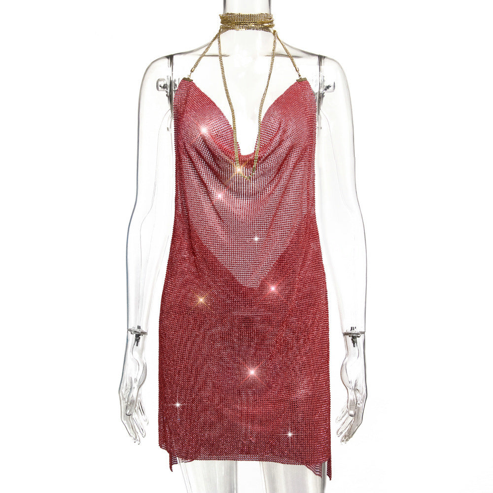 Backless Metal Sequins V-neck Brace Halter Dress