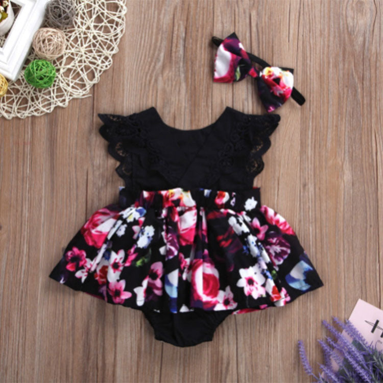 Beauty Baby One-Piece Ha Skirt Romper Summer Short-Sleeved New Style Flying Sleeve Flower Children's Print