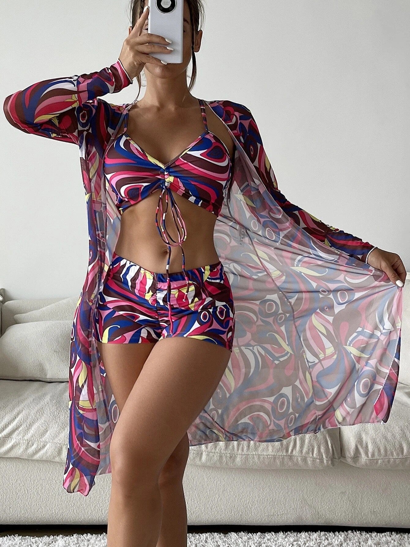 3pcs Pring Bikini With Long Sleeve Cardigan Fashion Summer Beach Swimsuit Women