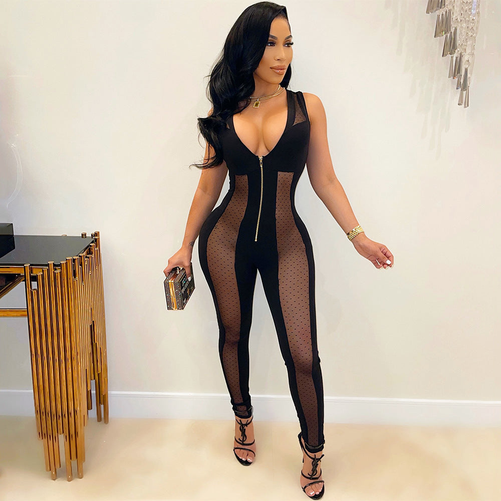 Fashion Mesh See-Through Panel Jumpsuit