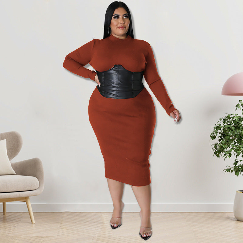 Fall Plus Size Women's Zipper Hit Leather Dress