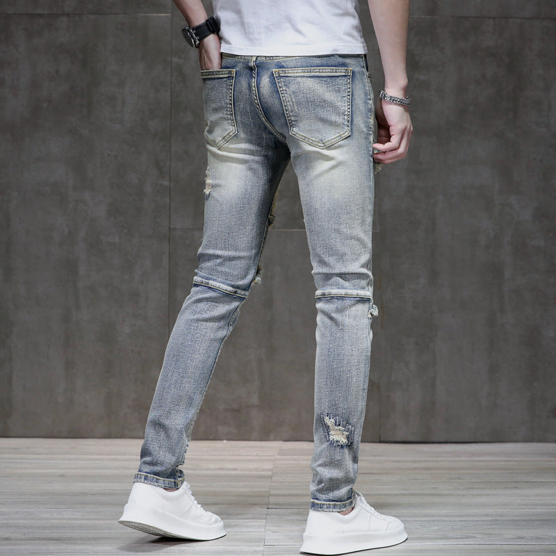 Distressed Raw Hem Ripped Stitching Stretch Denim Trousers