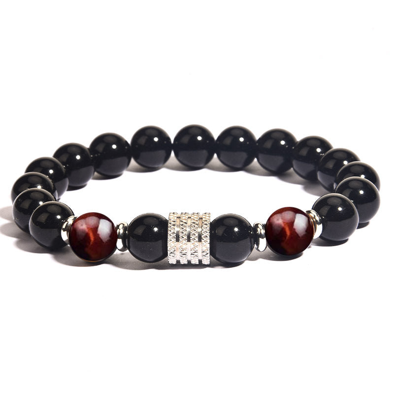 Stainless Steel Tiger Eye Obsidian Bright Black Beads Men's Bracelet