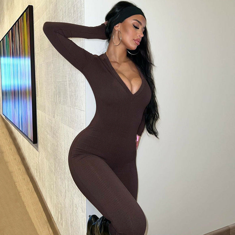 Solid Color Slim Fit Sports Long Sleeve Jumpsuit