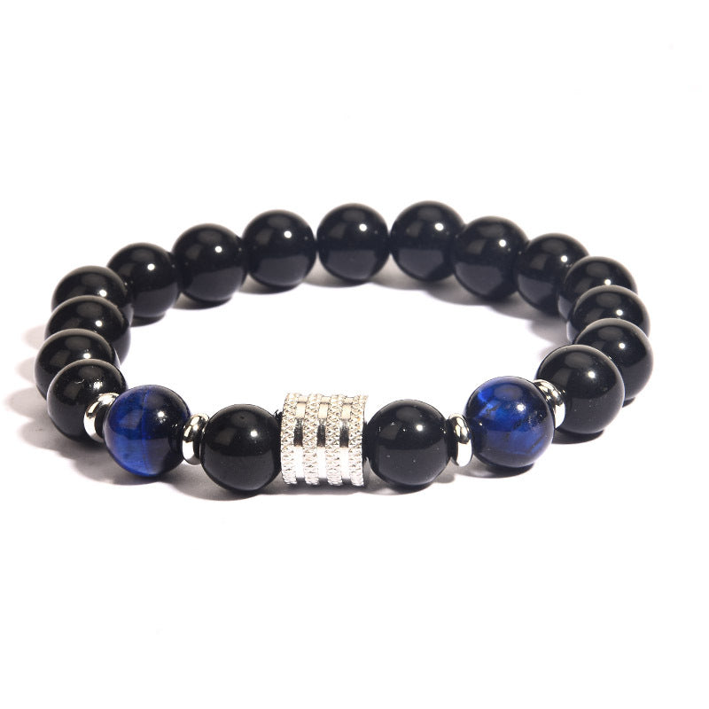 Stainless Steel Tiger Eye Obsidian Bright Black Beads Men's Bracelet